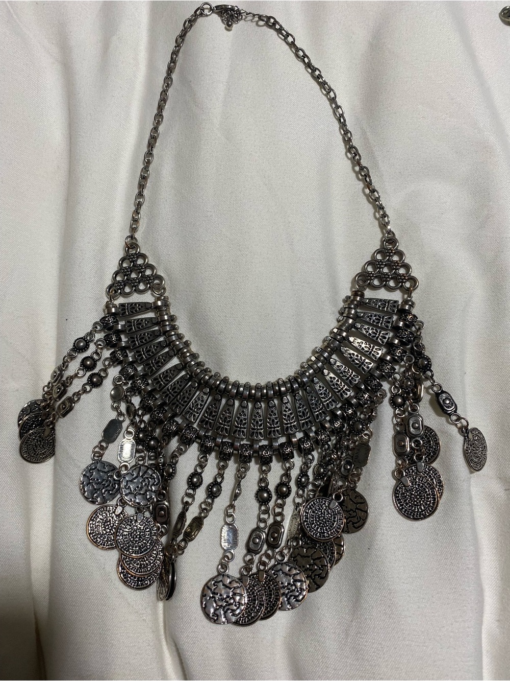 Silver-Tone Coin Fringe Statement Necklace